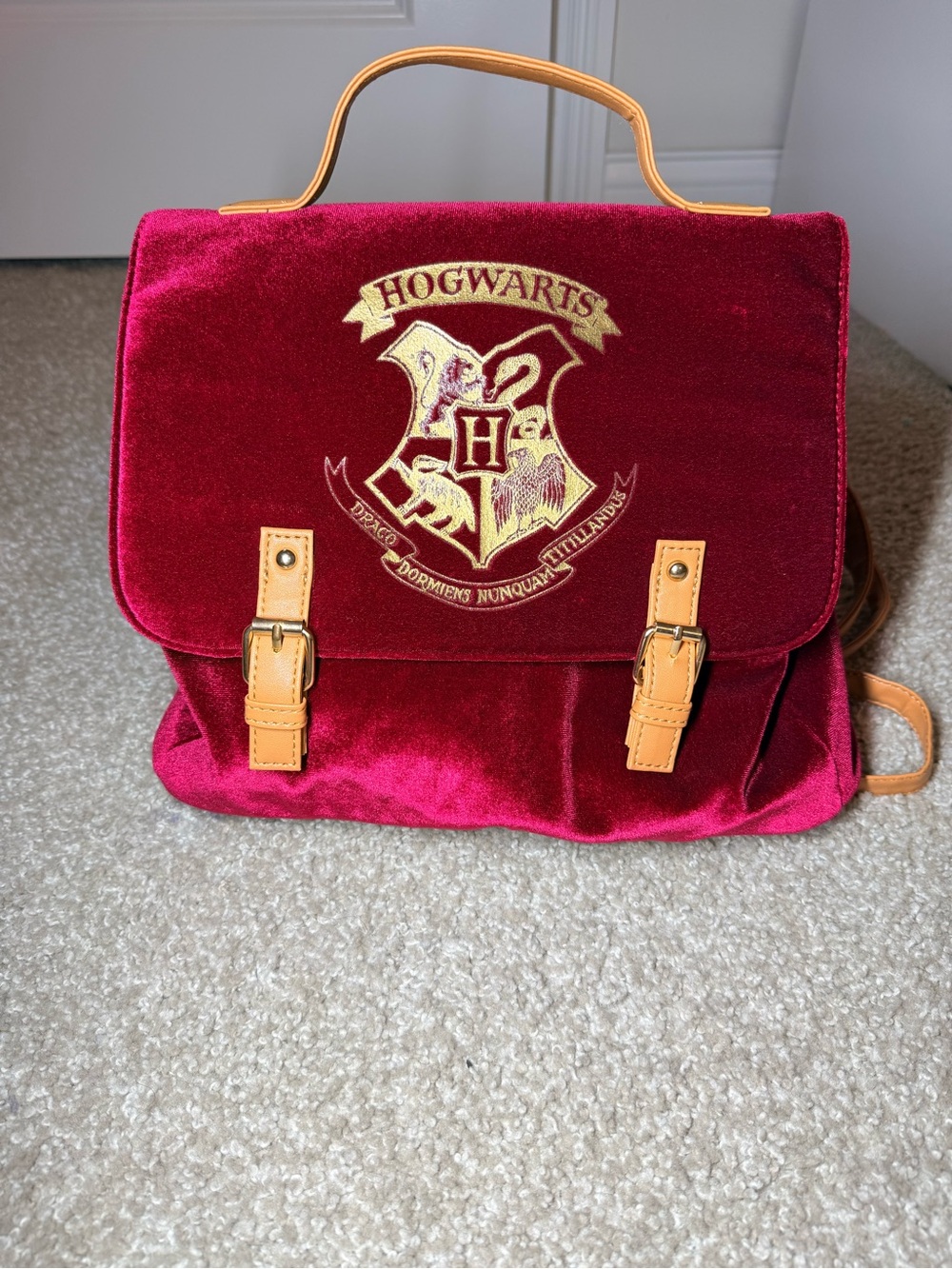 Hogwarts Velvet Mini Backpack in Burgundy with Tan Trim